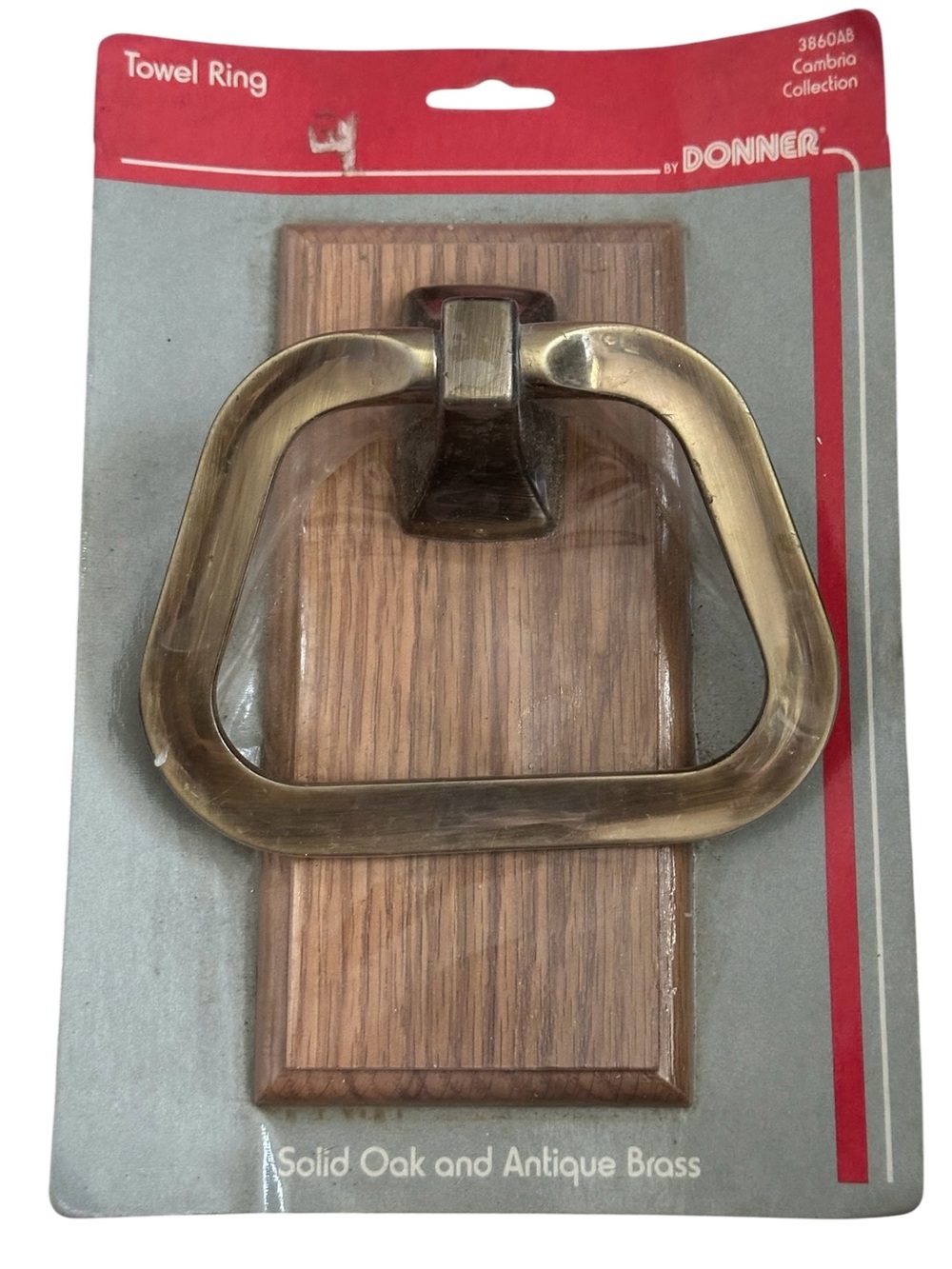 Vtg Donner Wall Mounted Towel Ring Oak Backplate & Polished Brass Ring MCM